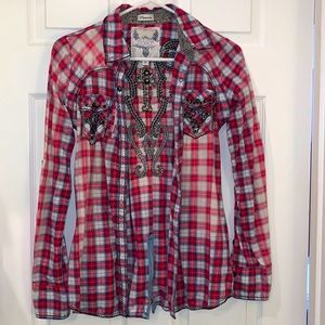 Buckle Roar long sleeve button down. Red and blue plaid with Rhinestone detail.
